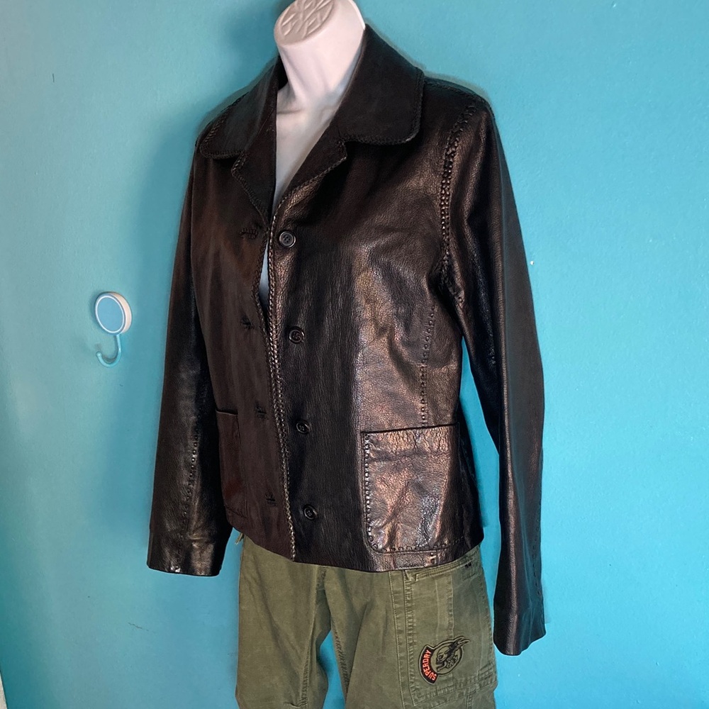 Nicole Farhi Womens Size 8 / EU 38 Black Leather Jacket Fitted Button Front Coat